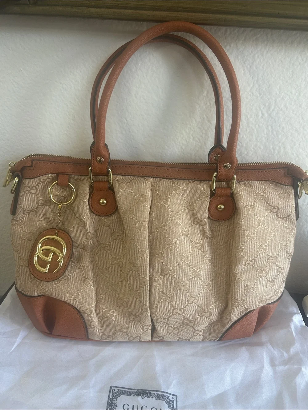 Beige Monogram Canvas Shoulder Bag with Brown Trim